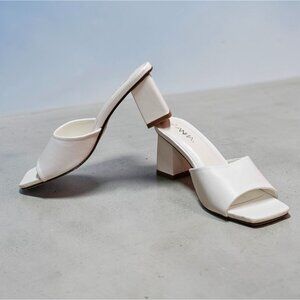 White Block Heel Mules With Open Square Toe Womens Heeled Sandals